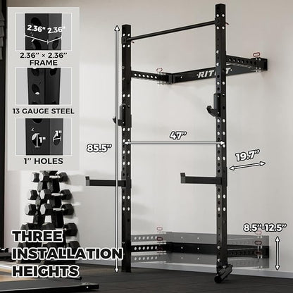 RitFit 2.36'' x 2.36'' Folding Squat Rack for Home Gym, Wall Mounted Squat Rack with Attachments - Space Saving Squat Power Rack
