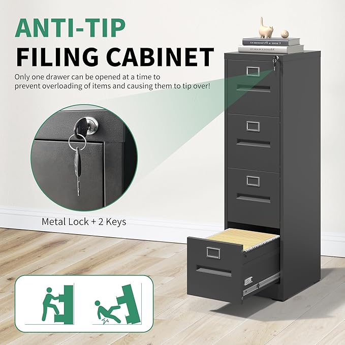 4 Drawer File Cabinet, Vertical File Cabinets with Lock for Home Office,Heavy Duty Office Steel Filing Cabinet for Hanging Letters/Legal/A4, Assembly Required (Black)