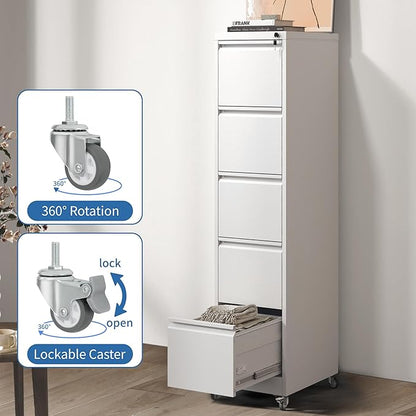 5 Drawer Mobile File Cabinet, Metal Filing Cabinet with Lock and Wheels, Home Office Rolling File Cabinets for Legal/Letter Hanging File Folders, Un-Assembled (White)