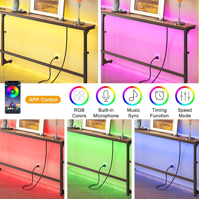 YGEOMER 79in Behind Couch Table Adjustable Height Sofa Table with Charge Station Narrow Console Table with LED Lights, Rustic Brown