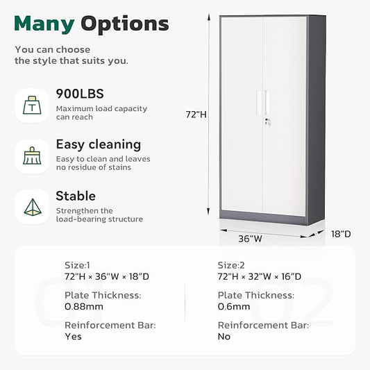 Greenvelly Metal Lockable Storage Cabinet, 72” Tall Storage Cabinet with 2 Doors and 4 Adjustable Shelves for Office, Home, Garage, Pantry (Assembly Required, 18”D, Grey White)