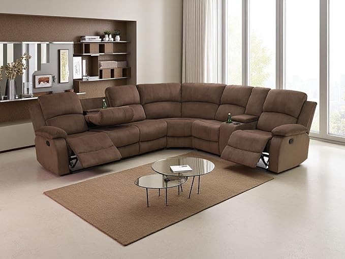 Corduroy Living Room Sofa Sets, Brown Recliner Sofa Set with Drop-Down Table, Reclining Sectional Sofa Couch with Cup Holders and Storage Console, for Living Room, Bedroom, Apartment, Office