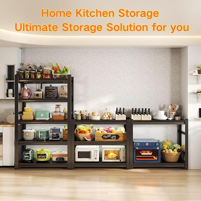 Kitchen Storage Shelves, 44''H*35''W Microwave Stand, Adjustable Metal Shelving, 1600LBS Bakers Rack, Black Kitchen Shelf, 4-Tier Shelving Unit for Bathroom, Pantry, Laundry, Closet, Garage