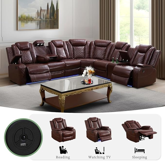 Leather Sectional 3-Piece Living Room Furniture Sets with LED Light, Power Recliner Sectional Sofa, Brown Power Reclining Sofa Couches Set with Cup Holder/Storage Console for Home Theater