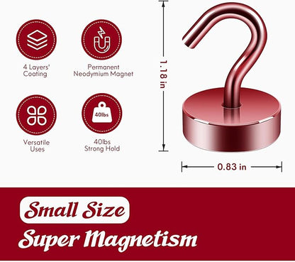 Neosmuk Magnetic Hooks, Cruise Ship Essentials, 40lb+ Heavy Duty Magnetic Hooks for Cruise Cabins, Refrigerator, Grill, Hanging, and Travel | Extra Strong Must-Haves Magnet Hook,Red,Pack of 10