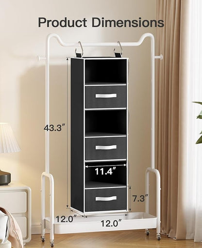Pipishell Hanging Closet Organizer 6-Shelf, Hanging Shelves for Closet with 3 Removable Drawers & Side Pockets for Bedroom, Garment Rack and Wardrobe Organization, 12' x 12' x 43.3', Black