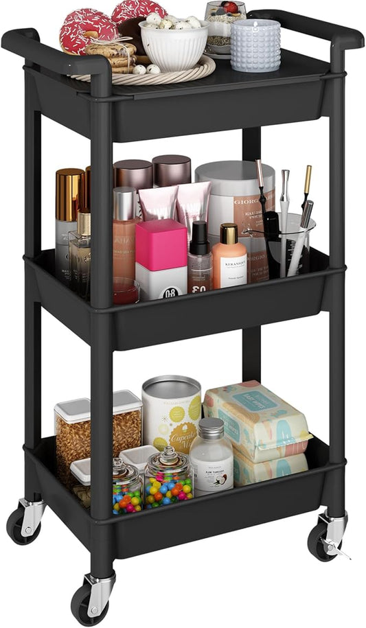 3-Tier Utility Rolling Cart with Cover Top Board, Mobile Utility Cart with Lockable Casters Multi-Functional Storage Trolley for Office, Bathroom, Kitchen, Garden, Laundry Room (Black)
