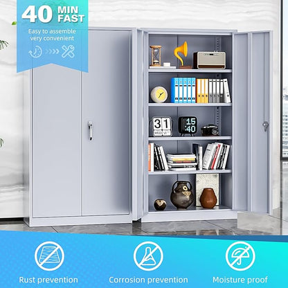 Bonusall Mental Garage Cabinets with 2 Doors and 4 Shelves, Locking Cabinet with for Tool，Steel Garage Storage Cabinets for Home Office, Warehouse，School(Cement Grey)