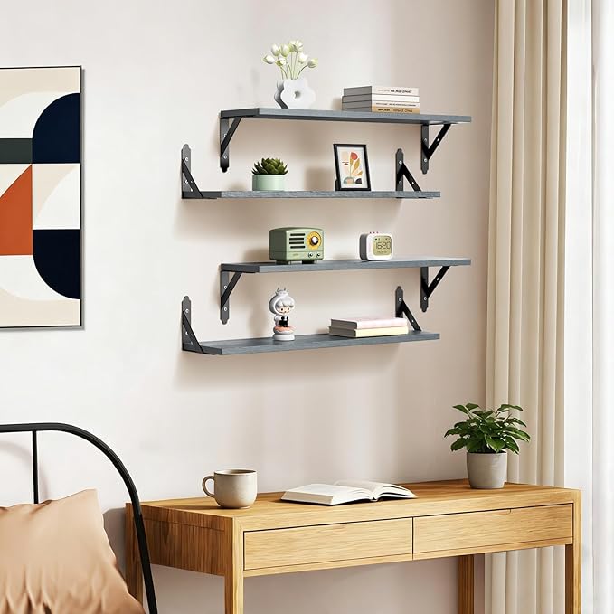 Wood Floating Shelves Set of 4, Rustic Storage Decor Wall Shelves, Wall Mounted Shelf for Living Room, Bedroom 23.6" x 6", Grey