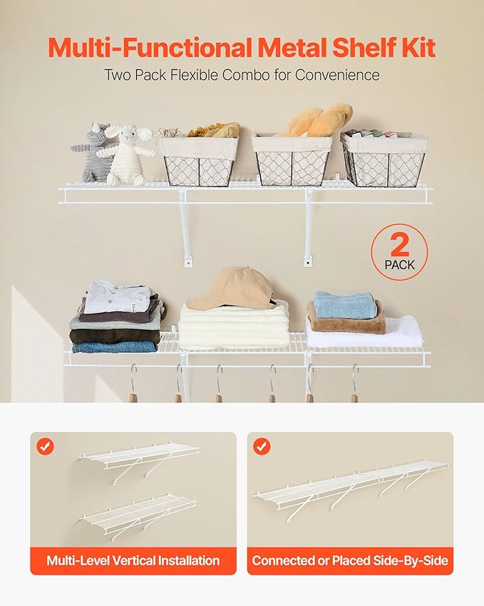 VEVOR Wire Shelf Kit, 4 ft, Set of 2, Wall Mounted Wire Shelves, Heavy-Duty Carbon Steel Hanging Shelf, Floating Wall Storage Shelves with Dip Coating, for Closet, Bedroom, Living Room, Office, Pantry