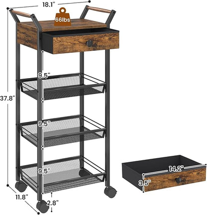 Large Fruit Vegetable Storage Cart, 5-Tier Kitchen Rolling Cart with Wheels & Drawer, Metal Wire Storage Basket Organizer Baskets for Kitchen, Pantry, Bathroom