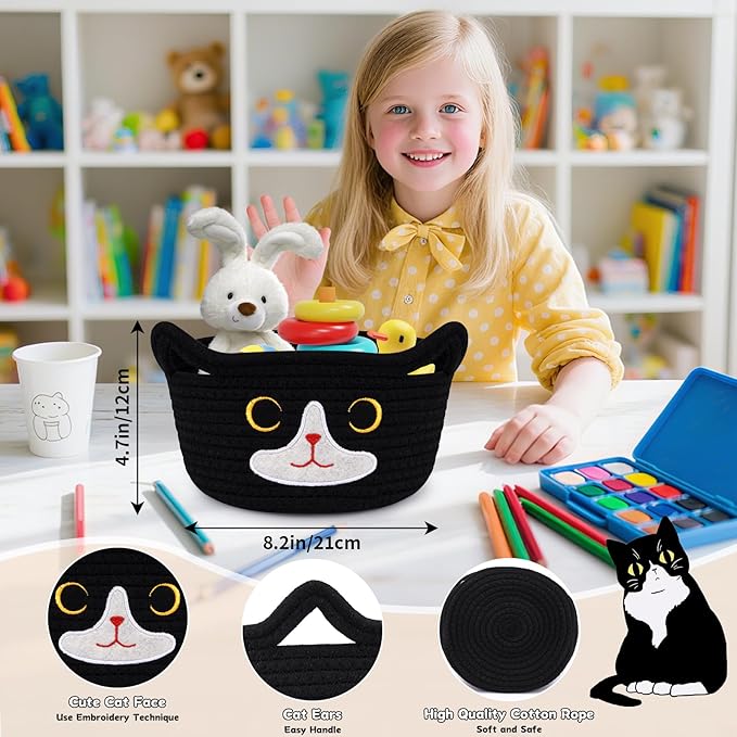 Cat Basket for Nursery, Small Storage Basket, Black Woven Rope Cotton Storage, Baby Blanket Bin with Cat Ears Handles, Animal Blanket Towel Halloween Decor Storage Bins, 8.2" x 4.7" IN