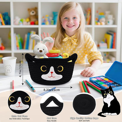 Cat Basket for Nursery, Small Storage Basket, Black Woven Rope Cotton Storage, Baby Blanket Bin with Cat Ears Handles, Animal Blanket Towel Halloween Decor Storage Bins, 8.2" x 4.7" IN