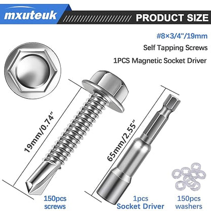 mxuteuk 300PCS #8×3/4" Self Tapping Screws,410 Stainless Steel Self Tapping Screws for Metal,Hex Washer Head Self Drilling Screw Suitable for Wood,Metal or Tough Materials(150pcs Screw+150pcs Washer)