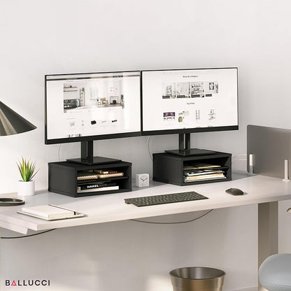 Ballucci File Organizer, 2-Tier Document Paper Sorter, Stackable Wood Desk Organizer Mail Holder, Monitor Stand with Storage Shelves, Black