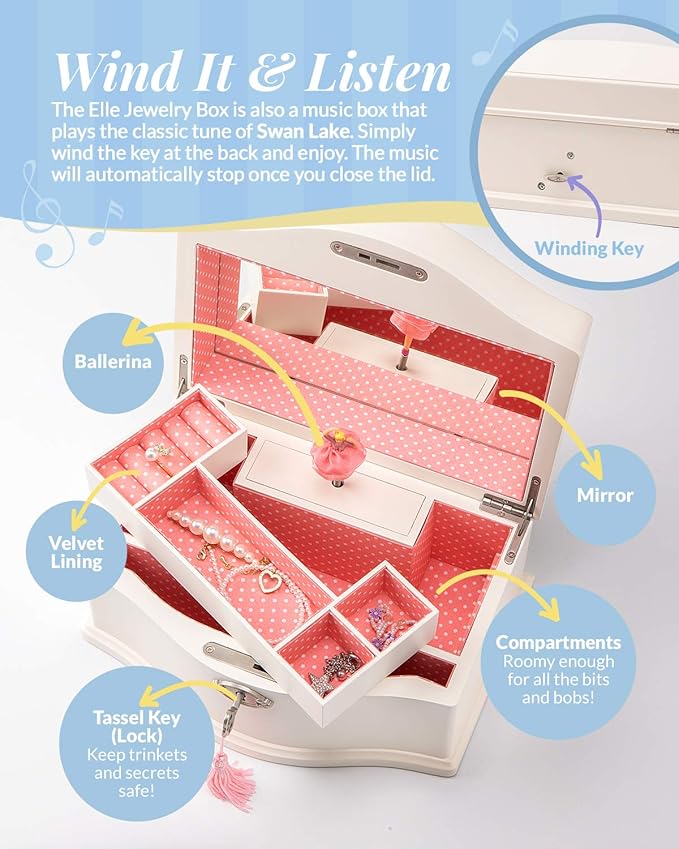Elle Jewelry Box - Ballerina Jewelry Organizer and Swan Lake Wind-Up Music Box for Girls and Teens, Accessories and Keepsake Wooden Storage with Lock and Mirror, Charming Room Decor and Gift, Large