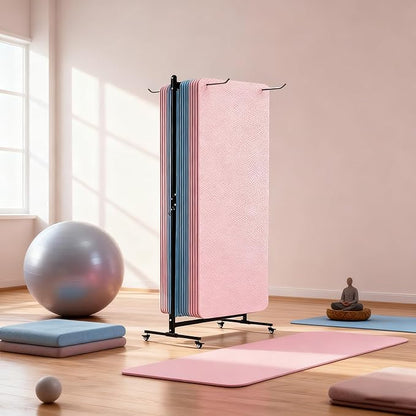 YTLEMON Yoga Mat Holder Hanging, Floor Rolling Yoga Mat cart, Large Capacity Storage Rack, with Includes hole punch, Metal square tube storage shelf for Home Gym, Fitness Club,Yoga Studio (Black)