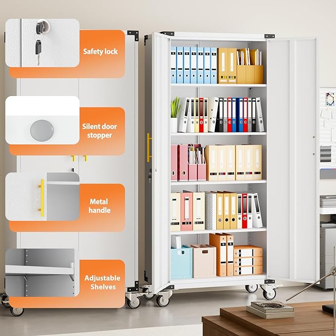 71" Storage Cabinet with 4 Adjustable Shelves, Locking Metal Tool Storage Cabinet with Wheels for Garage, Warehouse,Assembly Required, Grey
