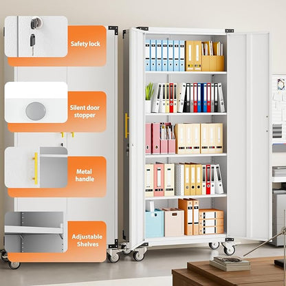 71" Storage Cabinet with 4 Adjustable Shelves, Locking Metal Tool Storage Cabinet with Wheels for Garage, Warehouse,Assembly Required, Grey