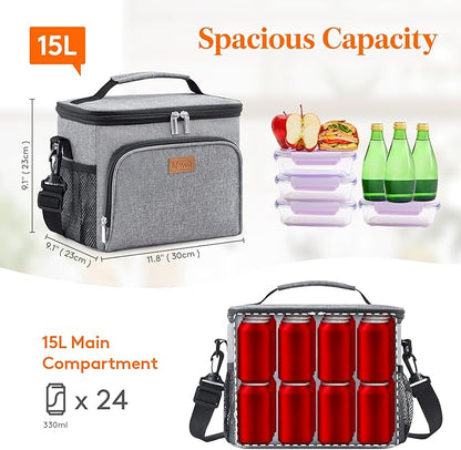 Lifewit Reusable Insulated Lunch Bag, Portable Cooler Freezable Soft Lunchbox Leakproof with Adjustable Shoulder Strap for Men Women Adult for Work Picnic or Travel, 15L 24 Can, Grey