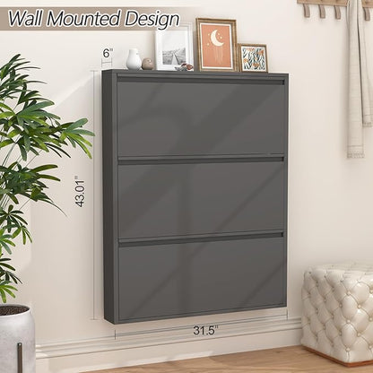 GREATMEET Shoe Cabinet with 3 Flip Drawers, Metal Entrance Shoe Cabinet Storage for Entryway, Modern Hidden Narrow Shoes Rack Organizer Wall Mount for Living Room, Bedroom, Hallway,Black