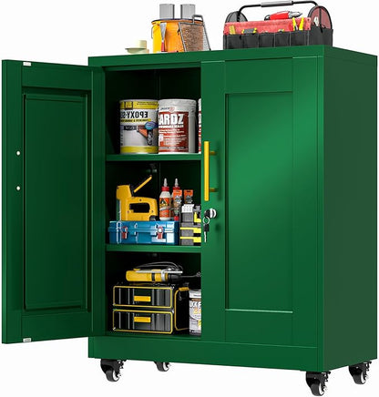 Metal Storage Cabinet with Lock and Wheels, Steel Office Cabinet with 2 Door and 2 Adjustable Shelves, 35” Tall Lockable File Cabinet, Garage Cabinet, Rolling Cabinet for Home Office - Green