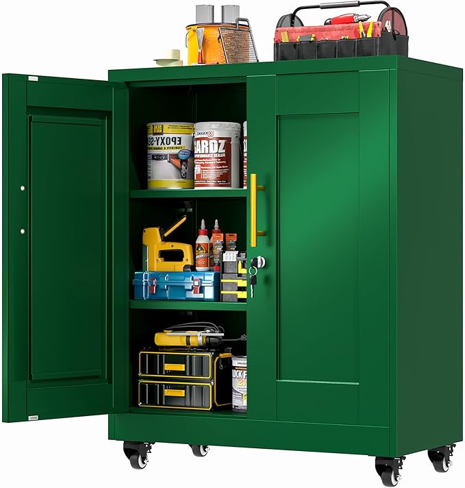 Metal Storage Cabinet with Lock and Wheels, Steel Tool Cabinet with 2 Door and 2 Adjustable Shelves, 35” Tall Lockable File Cabinet, Garage Cabinet, Rolling Cabinet for Home Office - Green