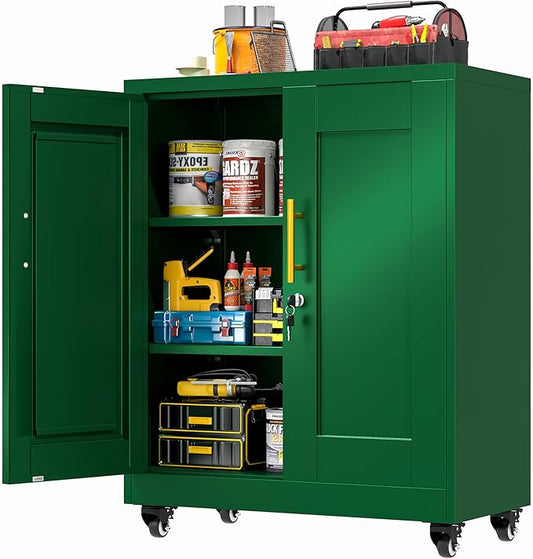 Metal Storage Cabinet with Lock and Wheels, Steel Tool Cabinet with 2 Door and 2 Adjustable Shelves, 35” Tall Lockable File Cabinet, Garage Cabinet, Rolling Cabinet for Home Office - Green