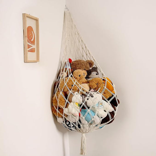 Novel Stuffed Animal Hammock Corner Hanging Net for Stuff Aniaml Storage Macrame Toy Display Plush Toy Holder-Perfect for The Tiny Space Walls (cream, XXL)
