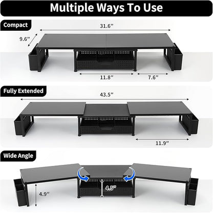 OPNICE Wood Desk Organizers and Accessories, Dual Monitor Stand Riser with Drawer and 2 Pen Holders, Desk Shelf Computer Racks for Office Workspace Organizers, Desktop Organization (Black)