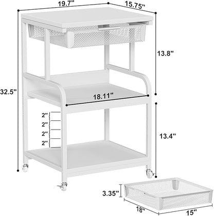 EasyCom Large 3-Tier Rolling Printer Stand with Storage Drawer & 5 Adjustable Shelves Mobile Cart with Industrial Wheels for Home Office Desk Fits 3D Printer, Scanner, and Fax White