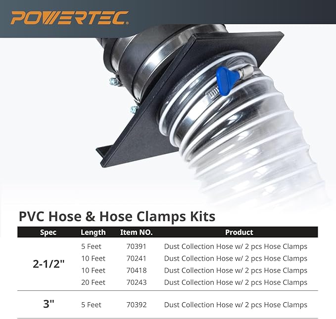 POWERTEC 4" x 20' Flexible PVC Dust Collection Hose with 2 Stainless Steel Key Hose Clamps for Table Saw, Band Saw, Planer, Jointer, Woodworking and Garage, Woodshop Dust Collection System (70244V)