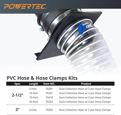 POWERTEC 4" x 20' Flexible PVC Dust Collection Hose with 2 Stainless Steel Key Hose Clamps for Table Saw, Band Saw, Planer, Jointer, Woodworking and Garage, Woodshop Dust Collection System (70244V)