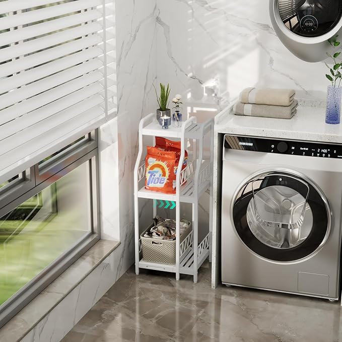 HapiRm Bathroom Shelf Unit Organizer - 3 Tier Expandable Narrow Shelf, Metal Free-Standing Shelves, Open Floor Rack Slim Storage Cabinet, Ideal for Bathroom, Laundry, Kitchen Organization (White)