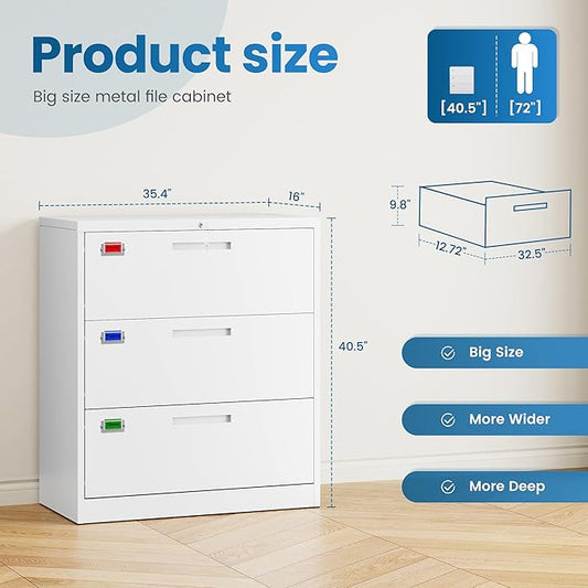 3 Drawer File Cabinet, Lateral Filing Cabinets for Home Office, Office Storage Drawers with Lock, Hanging Files Legal/Letter A4 Size (Assemble Required,White)