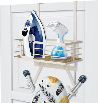 TJ.MOREE Over The Door/Wall Mount Ironing Board Hanger, Laundry Room Iron and Ironing Board Caddy Storage for Water Mister, Fabric Sprays, Laundry Detergent, White