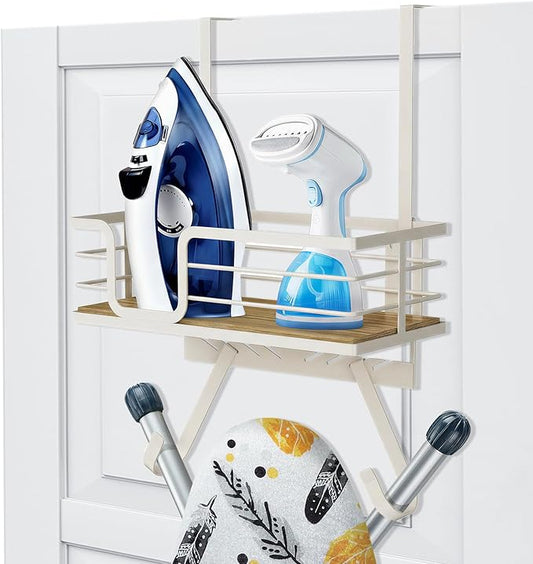 TJ.MOREE Over The Door/Wall Mount Ironing Board Hanger, Laundry Room Iron and Ironing Board Caddy Storage for Water Mister, Fabric Sprays, Laundry Detergent, White