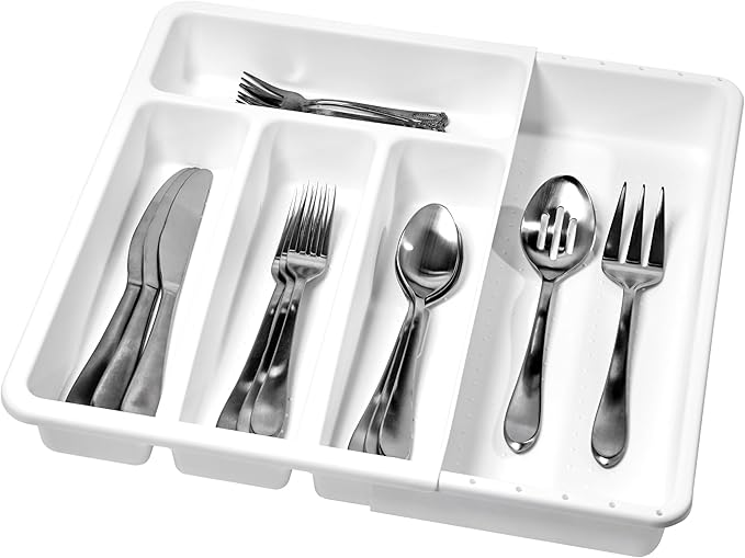 madesmart Expanding Silverware Tray, 5 Compartment Flatware Organizer for Forks, Knives & Spoons, Durable Drawer Organizer, White