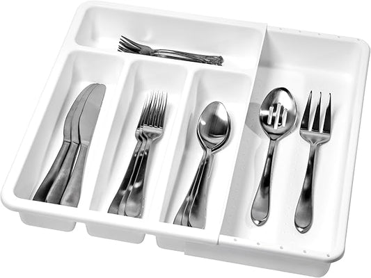 madesmart Expanding Silverware Tray, 5 Compartment Flatware Organizer for Forks, Knives & Spoons, Durable Drawer Organizer, White