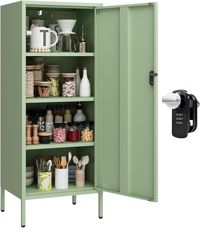 Metal Cabinet Lockable Filling Cabinet Bathroom Storage Cabinet with 4 Tier Adjustable Shelves Green Locker for Home, School, Office, Pantry H49.21'' (Green)