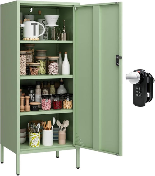 Metal Cabinet Lockable Filling Cabinet Bathroom Storage Cabinet with 4 Tier Adjustable Shelves Green Locker for Home, School, Office, Pantry H49.21'' (Green)
