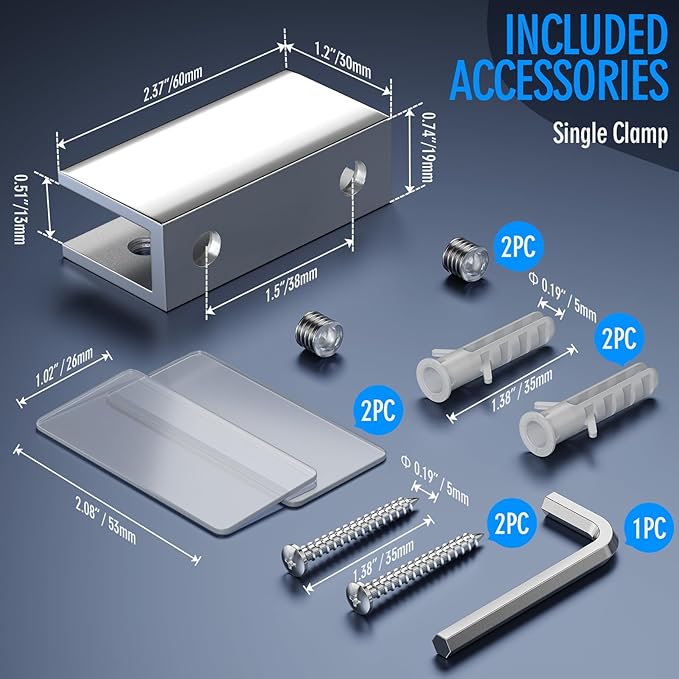 Ranbo 2 Pcs Frameless Glass Clamp Brackets for Shelf and Shower, Heavy Duty Wall Mount Rectangular Holders for 1/4" to 1/2" Panels, Polished Silver Finish Hardware