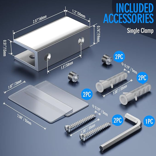 Ranbo 2 Pcs Frameless Glass Clamp Brackets for Shelf and Shower, Heavy Duty Wall Mount Rectangular Holders for 1/4" to 1/2" Panels, Polished Silver Finish Hardware