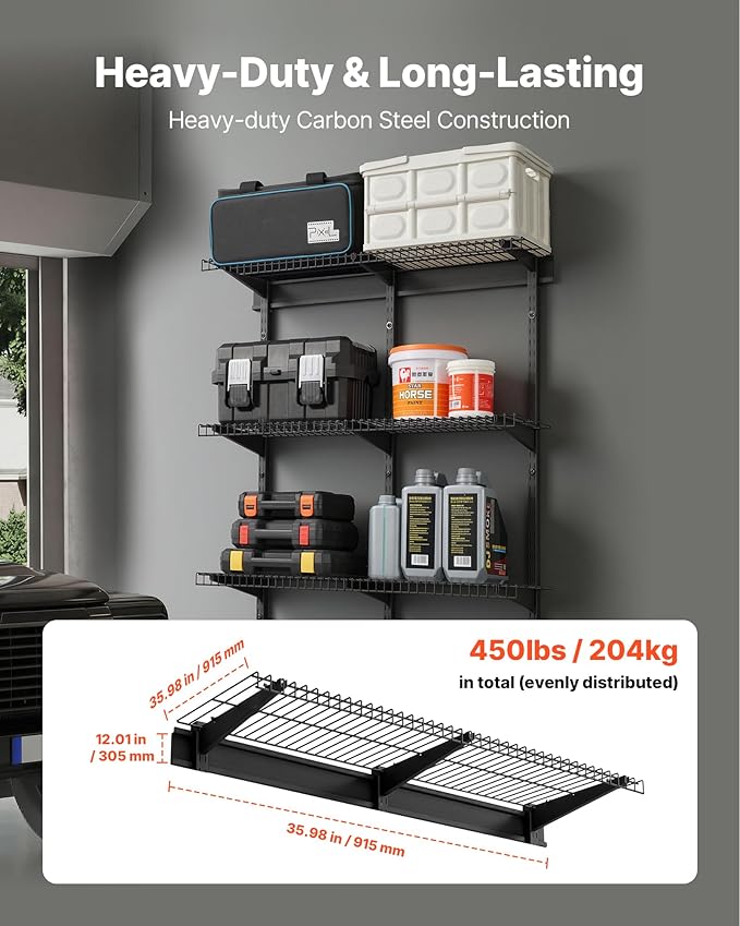 VEVOR 3-Tier Heavy Duty Wall Garage Shelving, 1 x 3 ft Steel Wall Mounted Shelving Unit, 11 x 36 Inch Per Shelf Floating Storage Metal Rack for Garage with 450 lbs Total Weight Capacity, Black