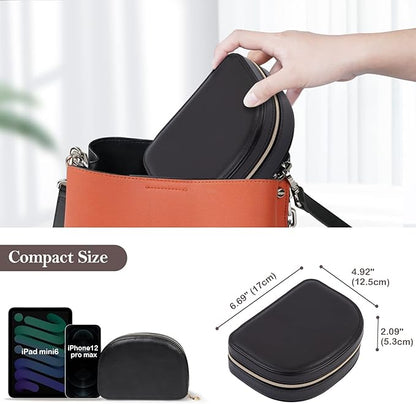 ProCase Travel Size Jewelry Box, Medium Portable Seashell-Shaped Jewelry Case, 2 Layer Jewelry Organizer in PU Leather for Women -Black