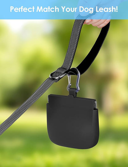 RBibei【One-Hand Access Silicone Dog Treat Pouch, Small Pocket Sized Training Pouch with Pull Tab & Auto Closing Lid for Easy Pet Training & Walking (Black)