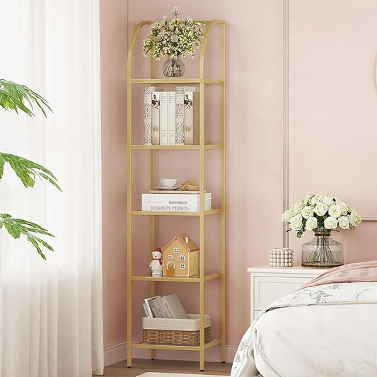 Bookcase Bookshelf, Tempered Glass Arched Bookshelf for More Storage, Slim Shelving Unit for Bedroom, Bathroom, Home Office, Steel Frame, 5 Tier Gold BC20599G