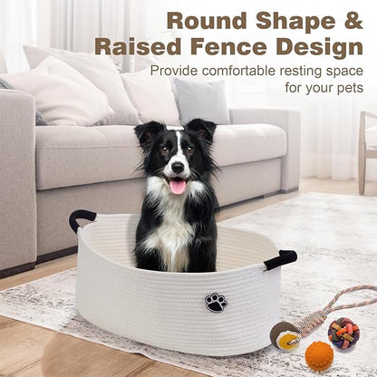 Dog Toy Basket, Toy Box and Bin for Dog Cat Storage, 19.7" X 11" X 7.9" (30L) Large Woven Basket for Blanket Storage, Rope Baskets for Living Room, Bedroom, White