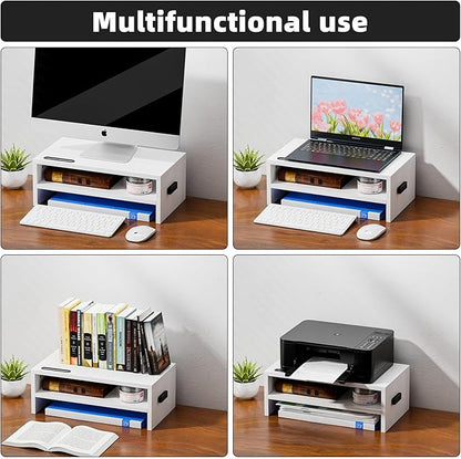 Marbrasse Monitor Stand Riser, 16.5 Inch 2 Tier Computer Printer Shelf Stand for Laptop Computer Screen Storage, Desktop Stand with Phone Holder and Cable Management (White)