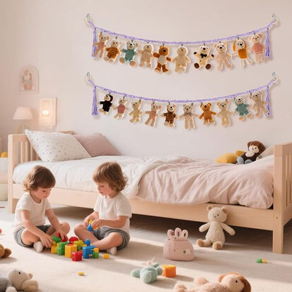 80" Cotton Hanging Storage Chain For Stuffed Animals Storage with 20 Metal Clips, Stuffed Animal Organizer Chain for Wall Corner Nursery Play Room, Purple
